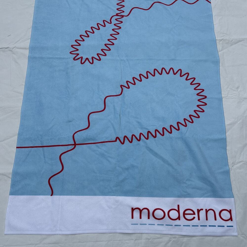 Moderna Bath Beach Towel Pharmaceutical Pharma Promo 34x58” Preowned - Picture 7 of 8